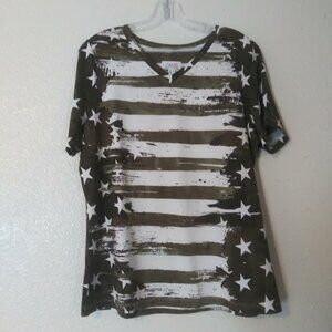 Denim & CO women's size M Olive green and white American flag print top
